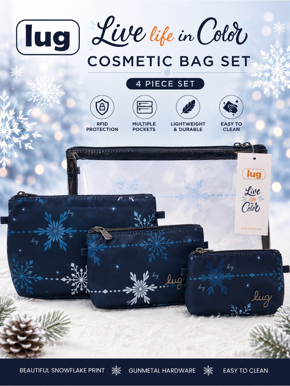 lug Navy Tackle Snowflake 4-Piece Cosmetic Bag Set NWT